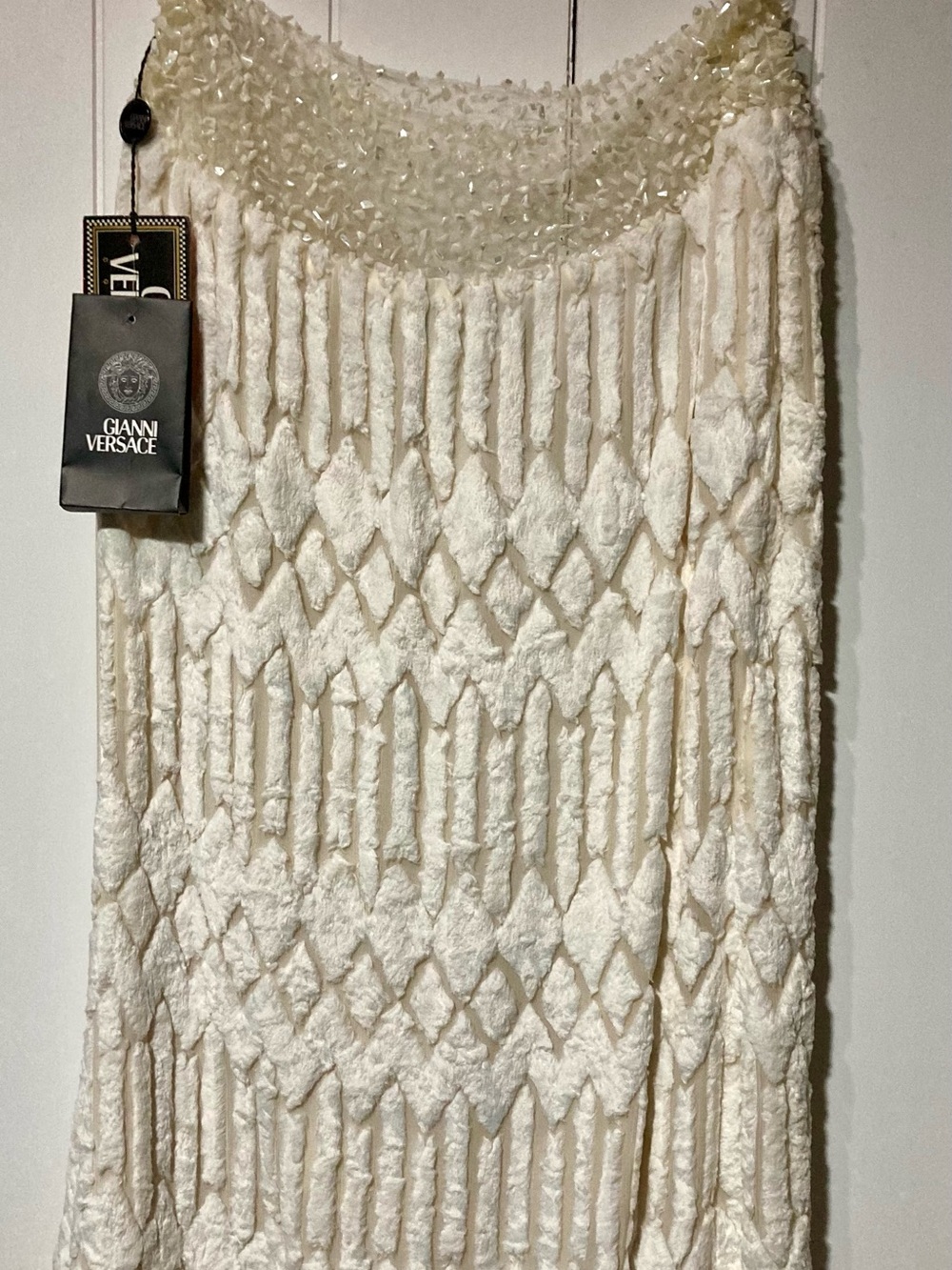 Gianni Versace- Pearl Beaded Waist Cream Textured Maxi Skirt